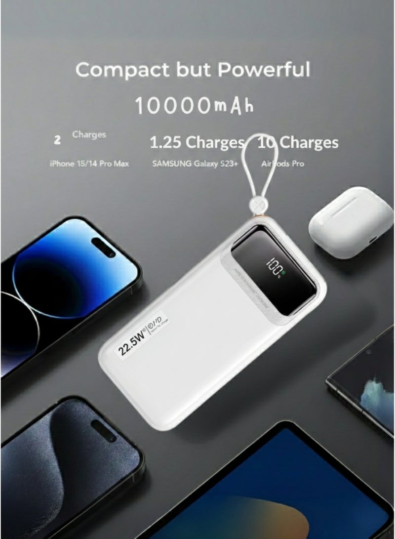 Levino 10000mAh Slim Power Bank with Pickup Handle – 22.5W Fast Charging, Smart Chip Overcharge Protection, Flight Approved, Built-in 4 Cables (USB, Type-C, Mini USB), 3 Ports, Compatible with iPhone 15/14/13, Samsung Galaxy S23/S22, Huawei P50/P40, Xiaomi, Oppo & More – White - Image 5